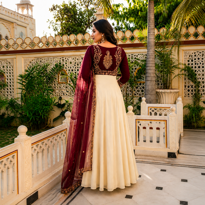 Women's 3-Piece Embroidered Crepe Gown Set with Koti & Georgette Dupatta | Party & Festive Wear