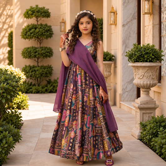 Premium Kids Silk Digital Printed Anarkali Gown with Organza Dupatta