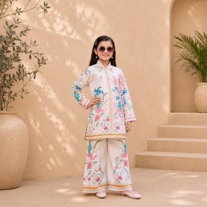 Printed Mal Satin Co-Ord Set for Kids – Pink & White