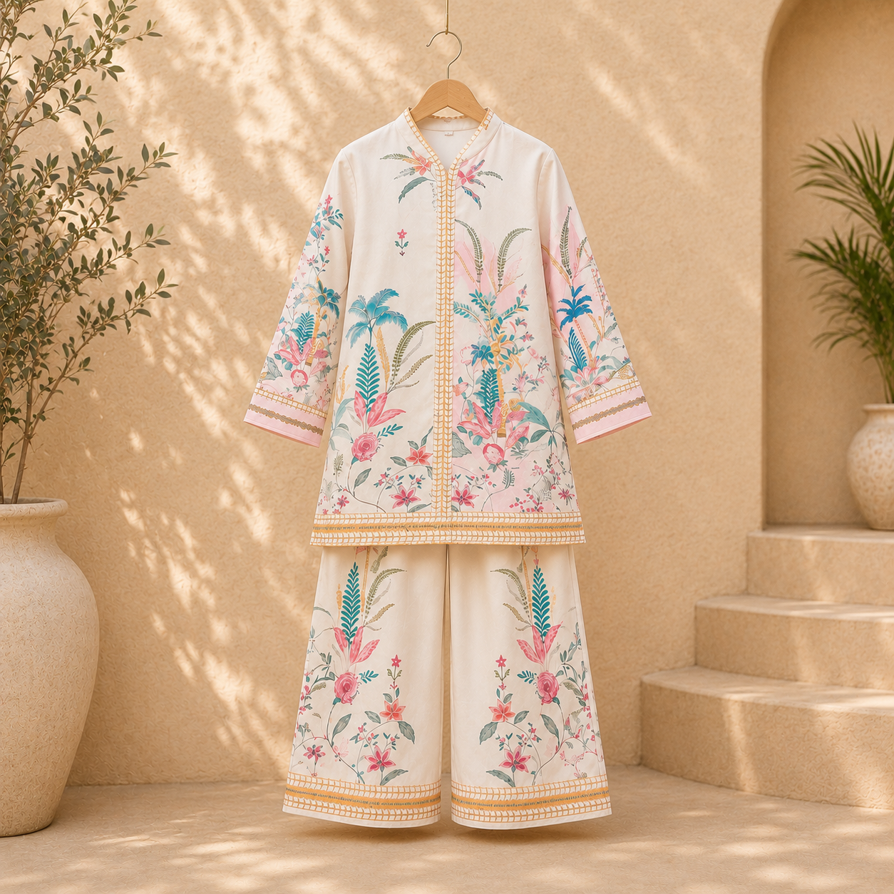 Printed Mal Satin Co-Ord Set for Kids – Pink & White
