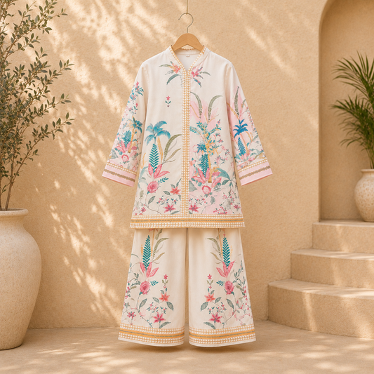 Printed Mal Satin Co-Ord Set for Kids – Pink & White