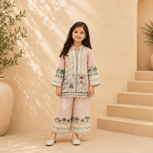 Premium Satin Printed Co-Ord Set for kids - Blush Pink
