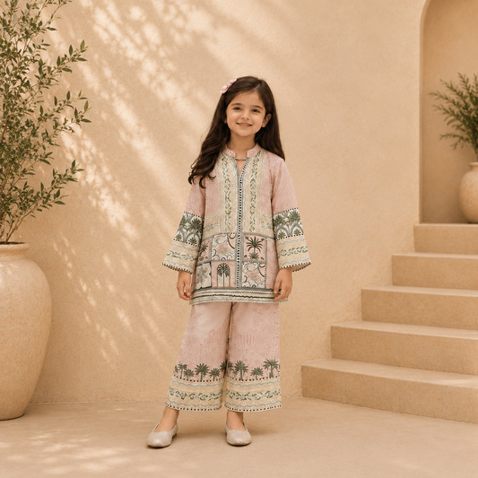 Premium Satin Printed Co-Ord Set for kids - Blush Pink