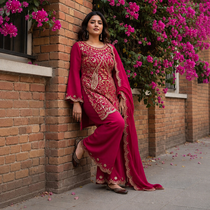 Women's Premium Vichitra Silk Embroidered Kurti Palazzo Set with Dupatta | Party & Festive Wear