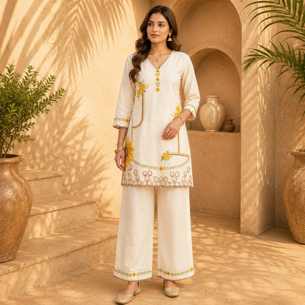 Premium Cotton Silk Embroidered Kurti Palazzo Set – Ivory White