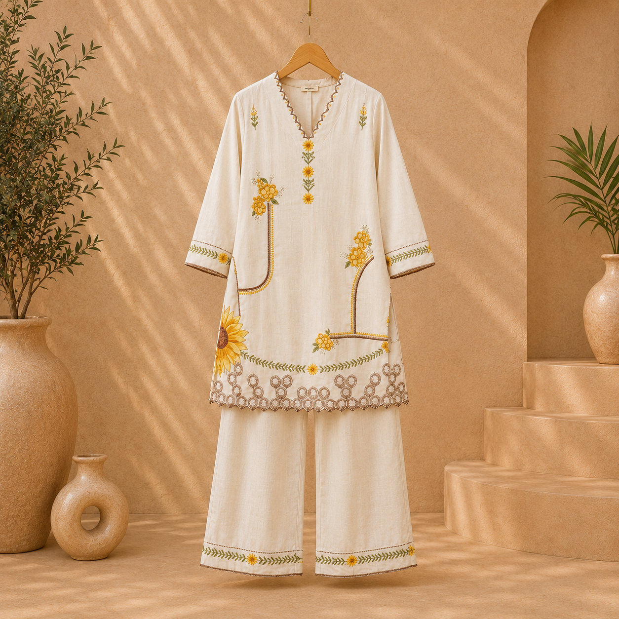 Premium Cotton Silk Embroidered Kurti Palazzo Set – Ivory White