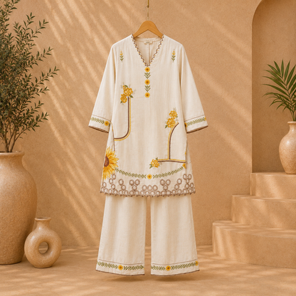 Premium Cotton Silk Embroidered Kurti Palazzo Set – Ivory White