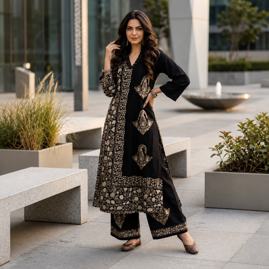 Stylish Black Heavy Cotton Printed Kurti with Matching Pant