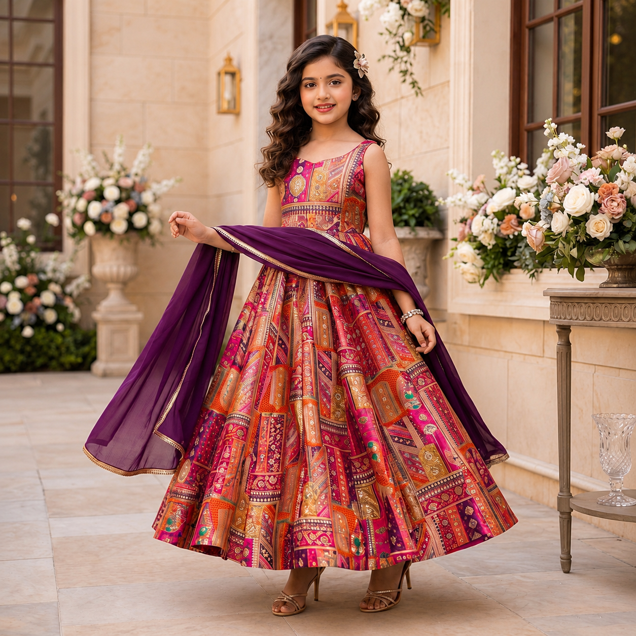 Premium Kids Silk Digital Printed Anarkali Gown with Organza Dupatta