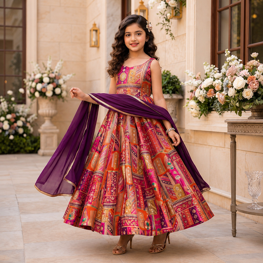 Premium Kids Silk Digital Printed Anarkali Gown with Organza Dupatta