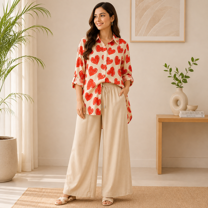 Women's Korean Style Crepe Shirt & Cotton Pant Co-Ord Set – Red Heart Combination