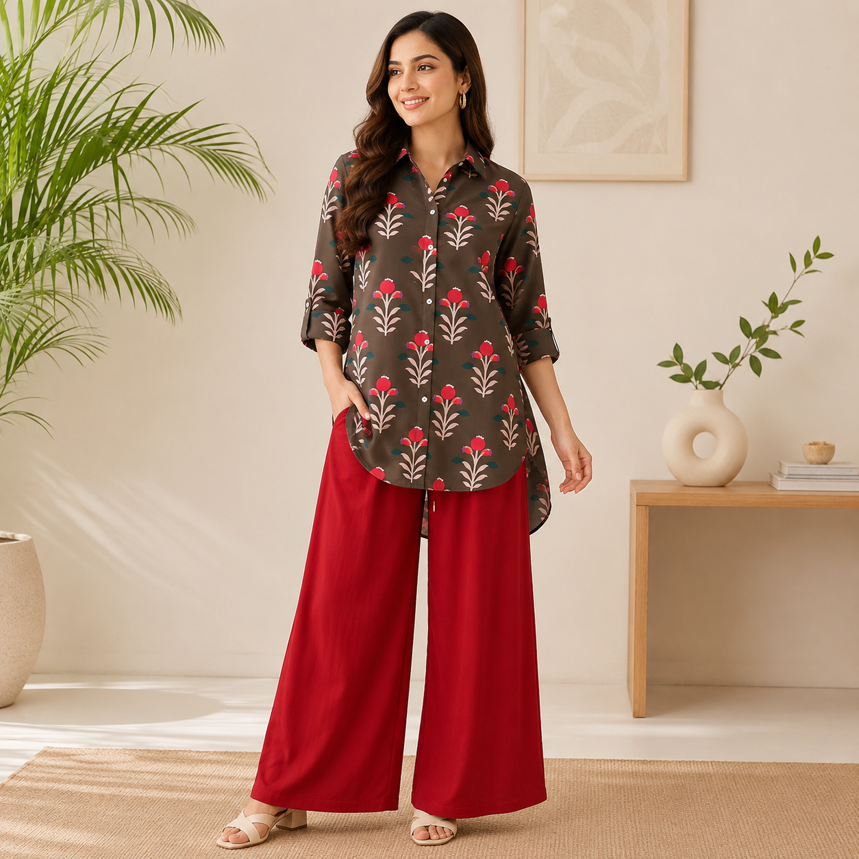 Women's Korean Style Crepe Shirt & Cotton Pant Co-Ord Set – Brown & Red Combination