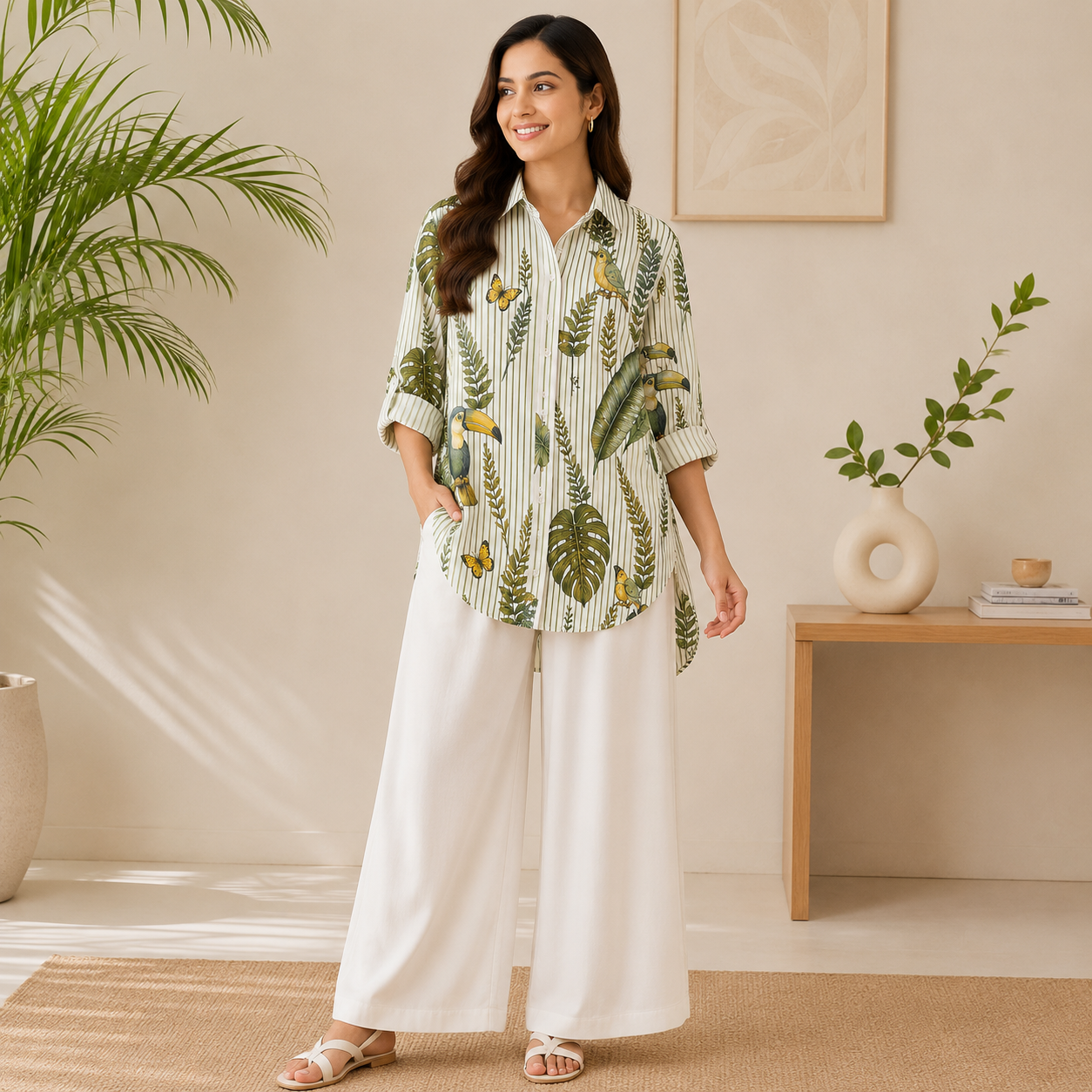 Women's Korean Style Crepe Shirt & Cotton Pant Co-Ord Set – Green Combination