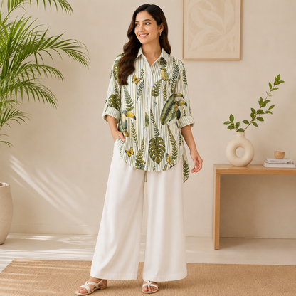 Women's Korean Style Crepe Shirt & Cotton Pant Co-Ord Set – Green Combination