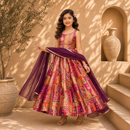 Premium Kids Silk Digital Printed Anarkali Gown with Organza Dupatta