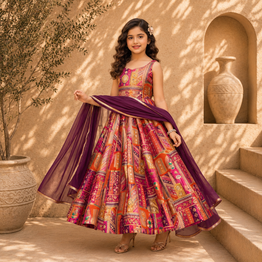 Premium Kids Silk Digital Printed Anarkali Gown with Organza Dupatta
