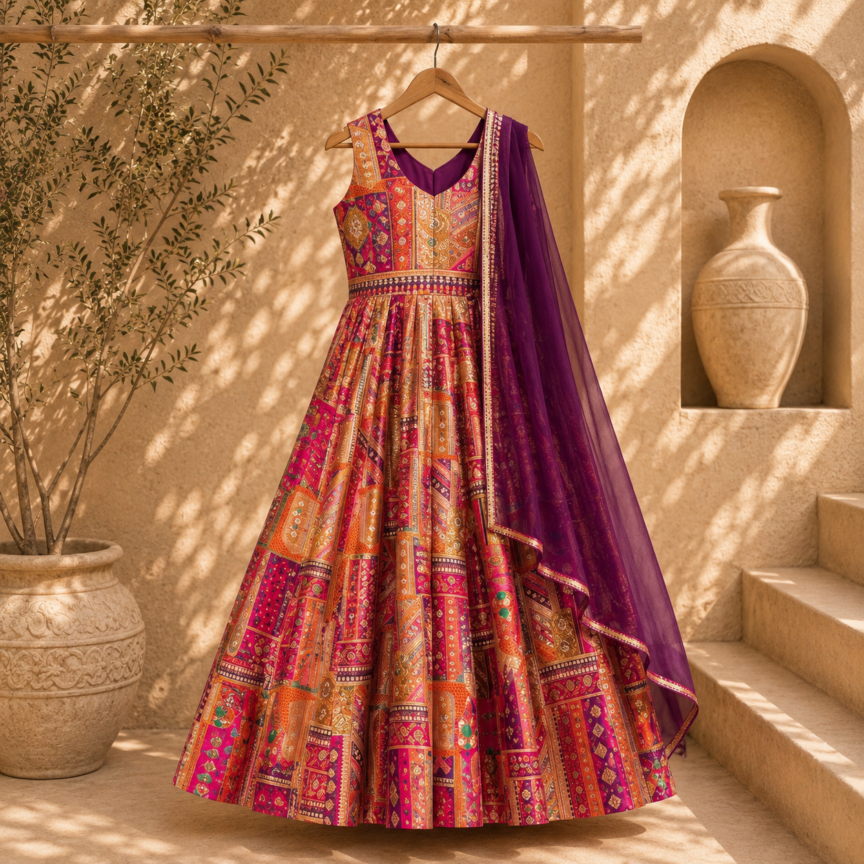 Premium Kids Silk Digital Printed Anarkali Gown with Organza Dupatta