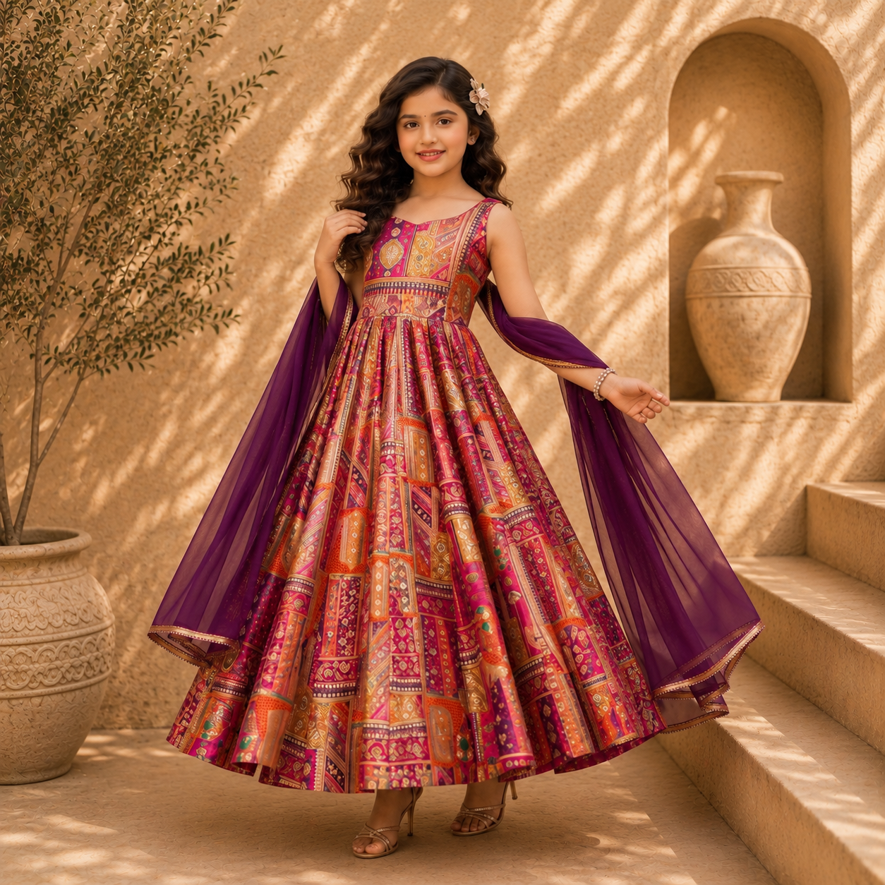 Premium Kids Silk Digital Printed Anarkali Gown with Organza Dupatta