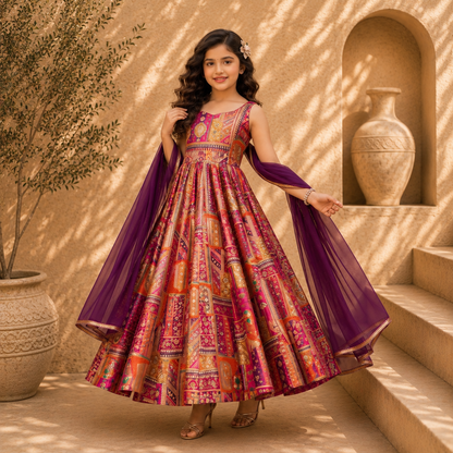 Premium Kids Silk Digital Printed Anarkali Gown with Organza Dupatta