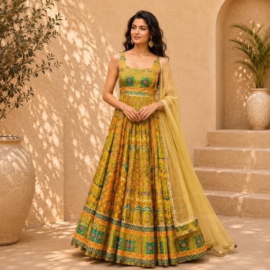 Premium Pure Jimmy Organza Silk Digital Printed Anarkali Gown with Dupatta