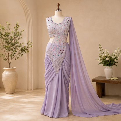 Designer Chinon Silk Saree with Embroidered Blouse – Premium Wedding Wear