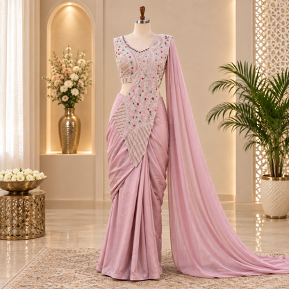 Designer Chinon Silk Saree with Embroidered Blouse – Premium Wedding Wear