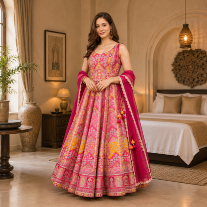 Premium Pure Jimmy Organza Silk Digital Printed Anarkali Gown with Dupatta