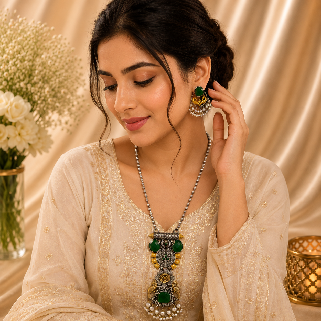 Premium Oxidized Maroon Stone Necklace Set with Pearl Earrings | Traditional Ethnic Jewelry for Women