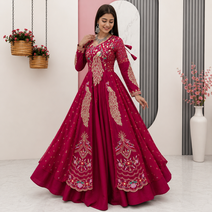 Premium Peacock Embroidered Vichitra Silk Lehenga Set with Crop Top &amp; Shrug | Festive &amp; Wedding Wear