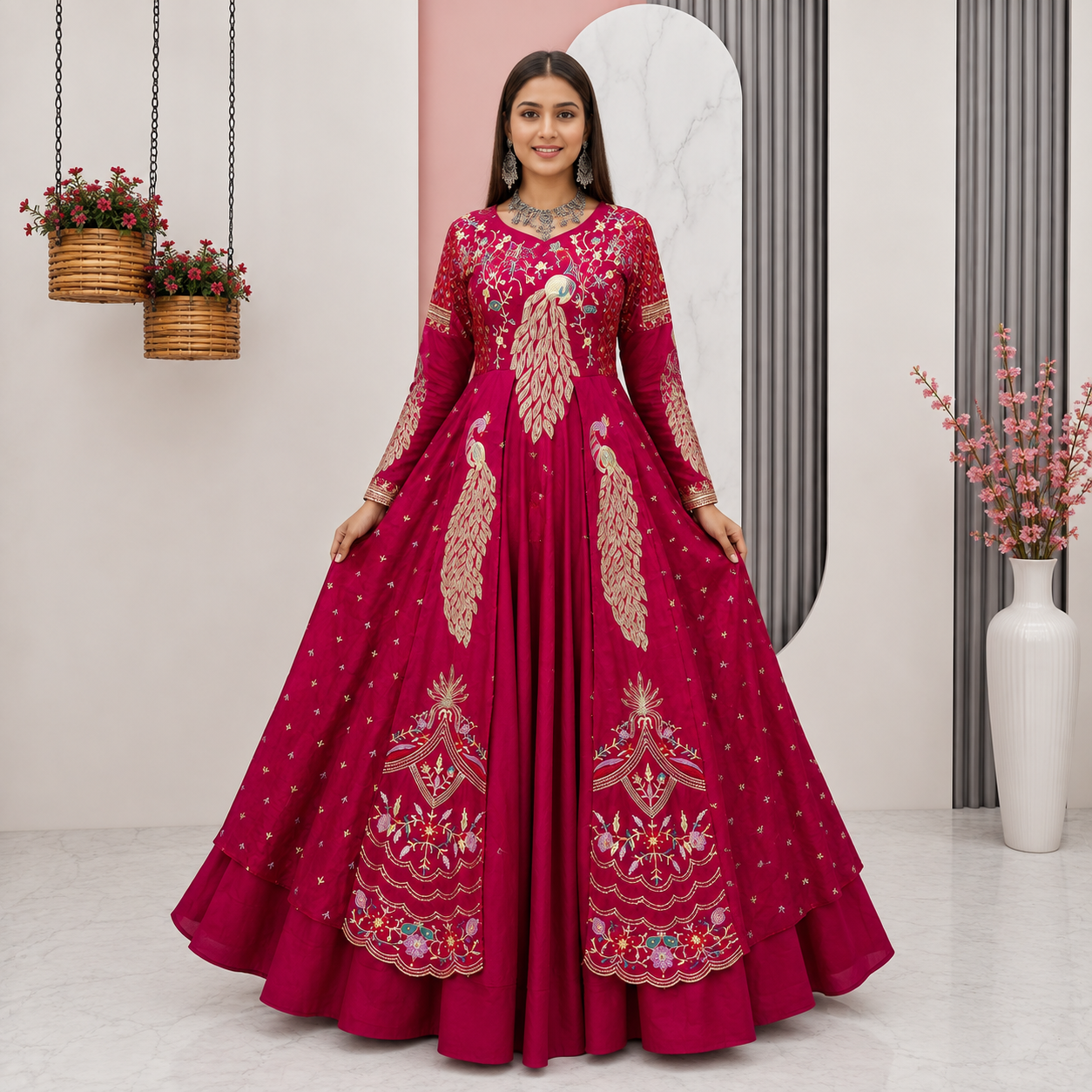 Premium Peacock Embroidered Vichitra Silk Lehenga Set with Crop Top &amp; Shrug | Festive &amp; Wedding Wear