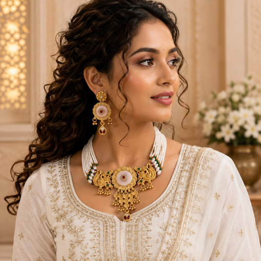 Premium Rajwadi Gold Plated Choker Necklace Set with Pearl Beads & Matching Earrings - 04