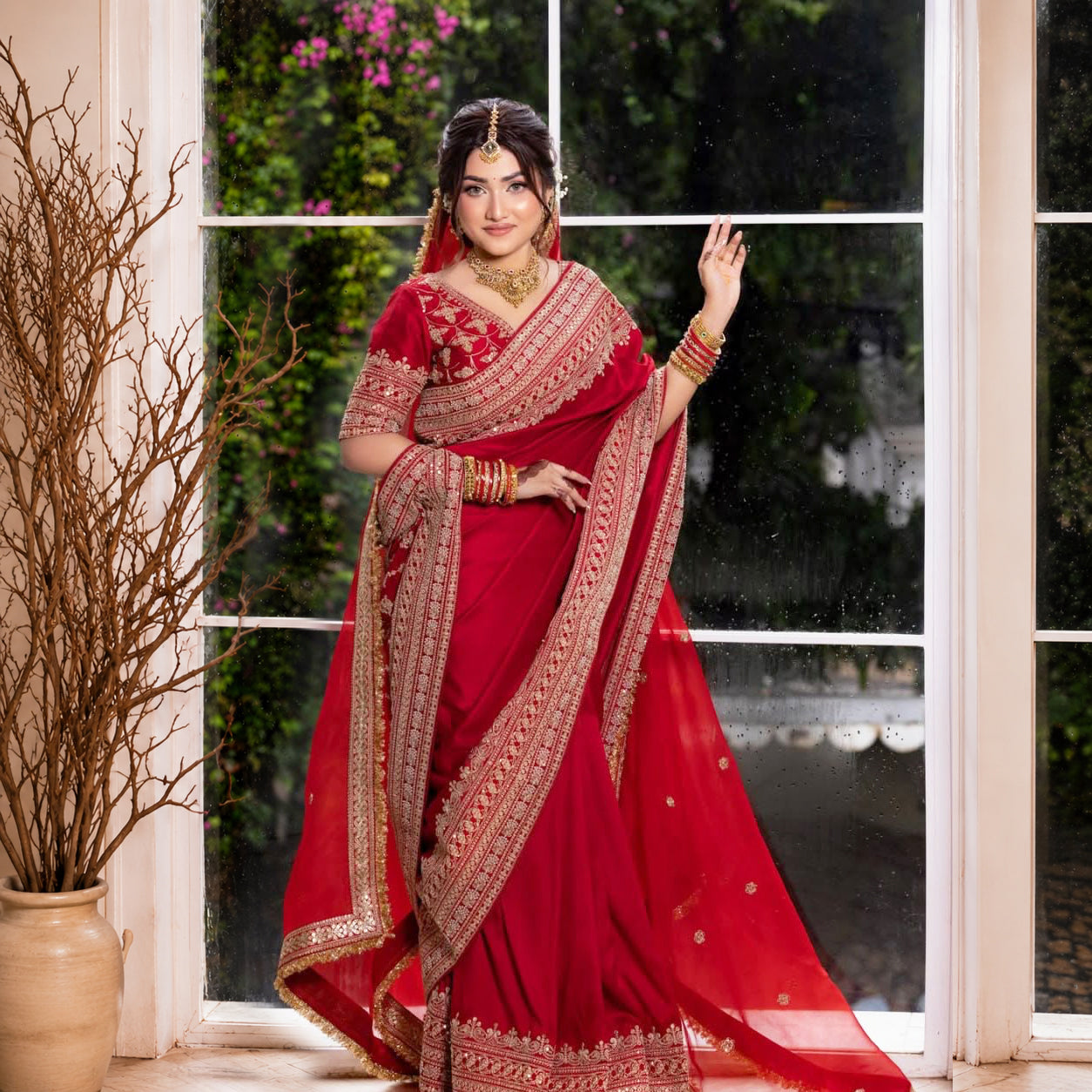 Premium Designer Satin Saree with Embroidered Blouse & Tabby Silk Dupatta