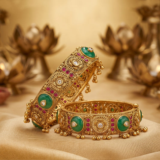 Regal Rajwadi Bangles with Green Stone & Kundan Work