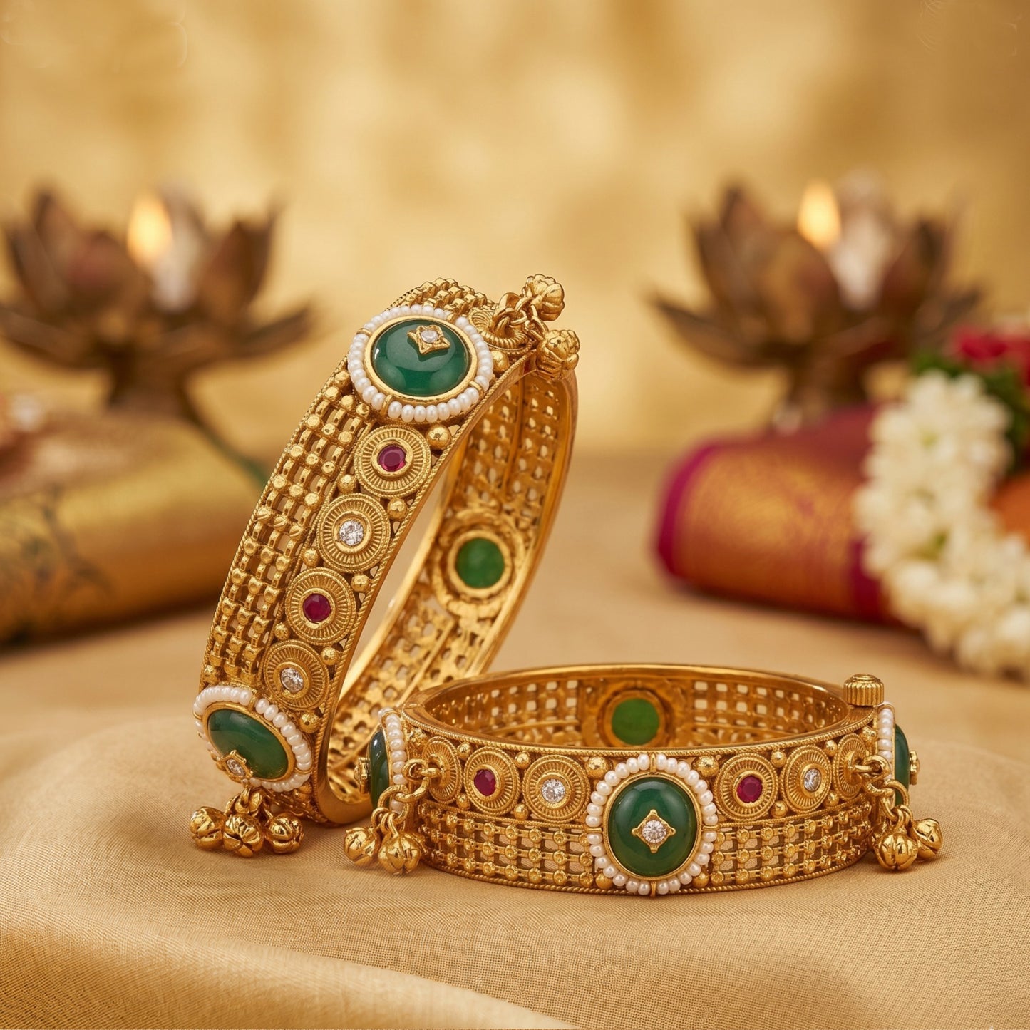 Premium Rajwadi Bangles with Green Polki & Kundan Work