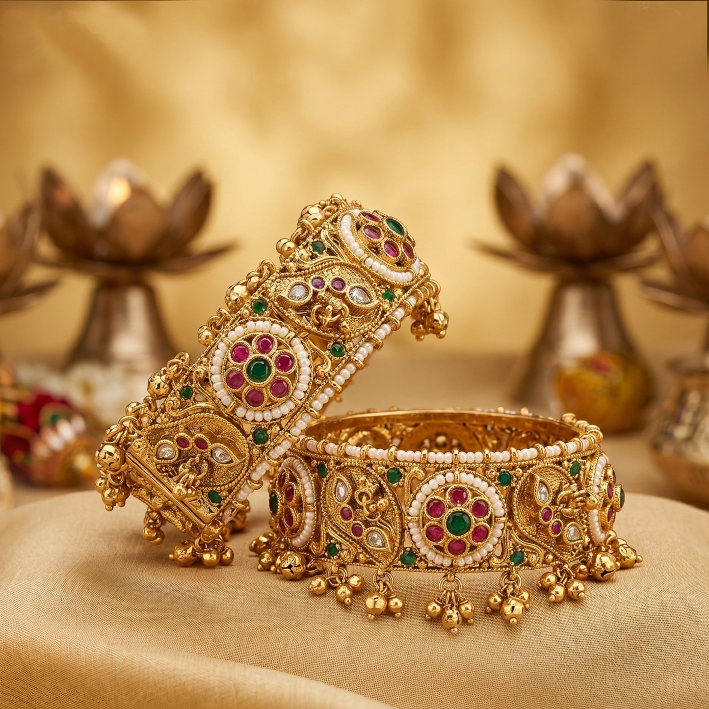 Traditional Rajwadi Floral Kundan Bangles with Ghungroo Design