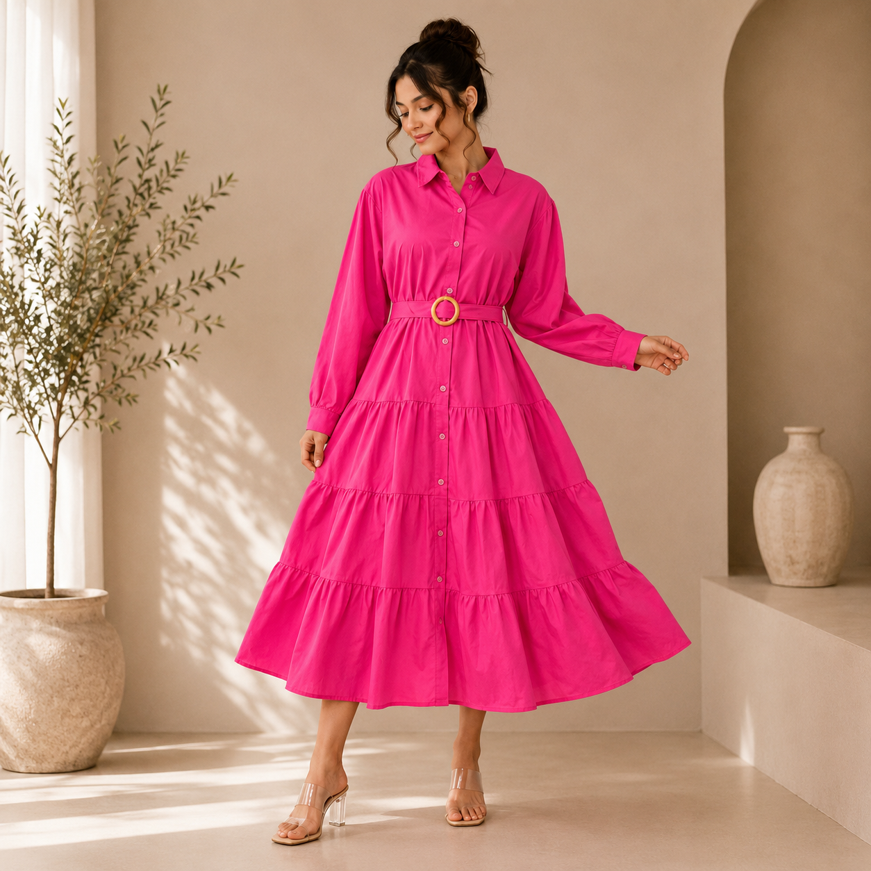 Premium Cotton Tiered Shirt Midi Dress with Belt