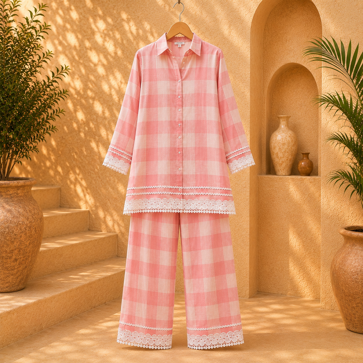 Premium Cotton Checked Co-Ord Set with Lace Detailing