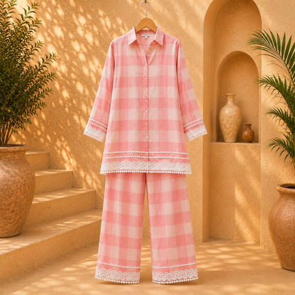 Premium Cotton Checked Co-Ord Set with Lace Detailing