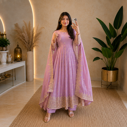 Premium Organza Silk Embroidered Anarkali Suit Set | Heavy Zari & Sequin Work | Party Wear Gown with Dupatta & Pant