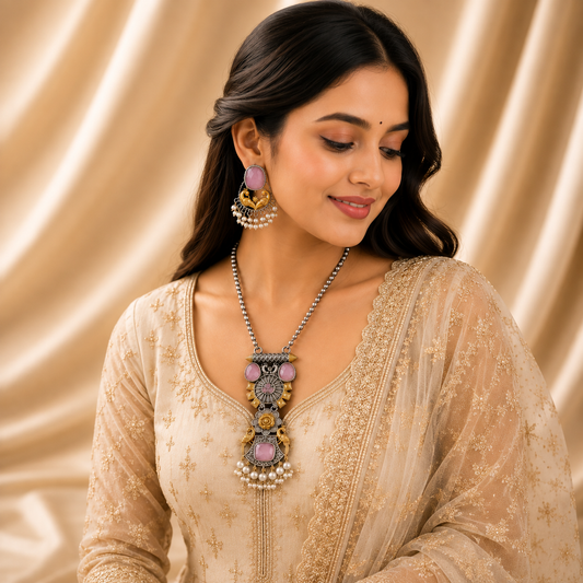 Premium Oxidized Maroon Stone Necklace Set with Pearl Earrings | Traditional Ethnic Jewelry for Women