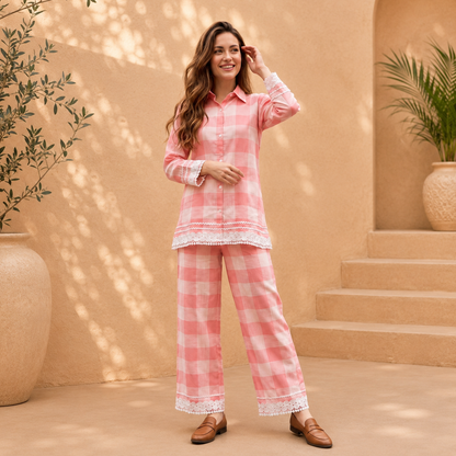 Premium Cotton Checked Co-Ord Set with Lace Detailing