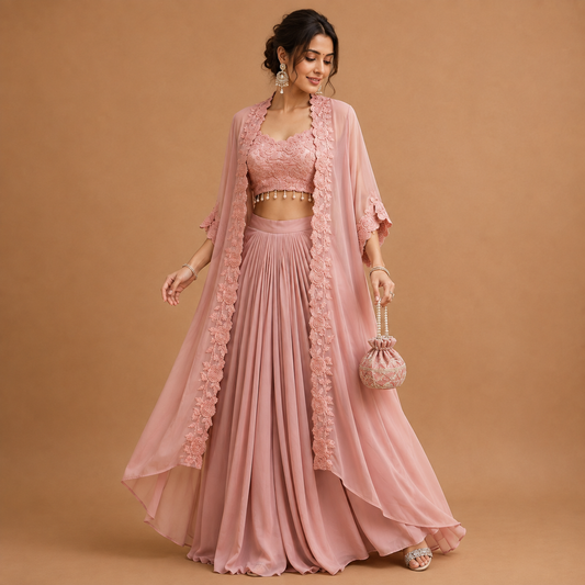 Premium Simar & Chinon Silk Indo-Western Set with Embroidered Shrug & Layered Bottom