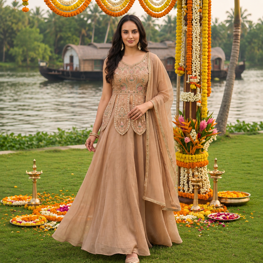 Elegant Embroidered Salsa Silk Anarkali 3 Piece Suit