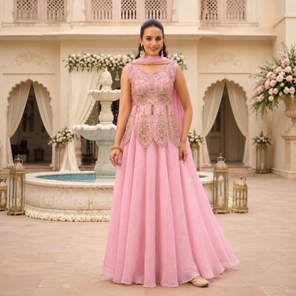 Elegant Embroidered Salsa Silk Anarkali 3 Piece Suit