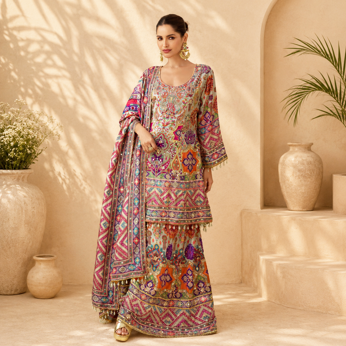 Premium Natural Crepe Silk Designer Palazzo Suit Set with Dupatta (Premium Collection)