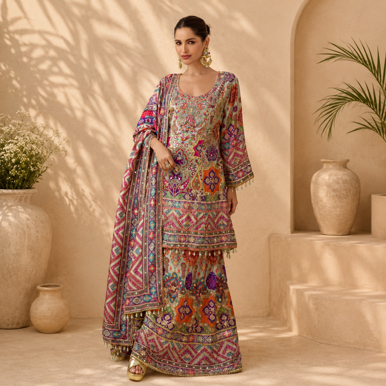 Premium Natural Crepe Silk Designer Palazzo Suit Set with Dupatta (Premium Collection)