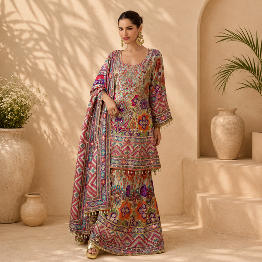 Premium Natural Crepe Silk Designer Palazzo Suit Set with Dupatta (Premium Collection)