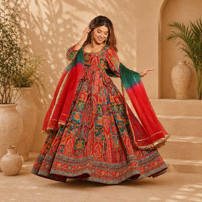 Luxury Embroidered Crepe Maxi Suit Set with Organza Dupatta – Multicolor (Premium Collection)