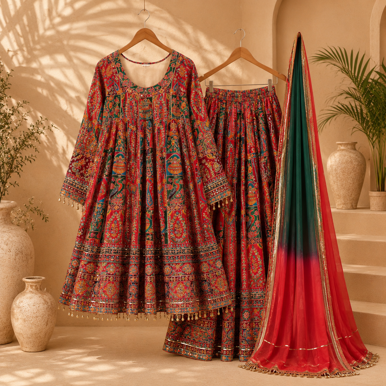 Luxury Embroidered Crepe Maxi Suit Set with Organza Dupatta – Multicolor (Premium Collection)