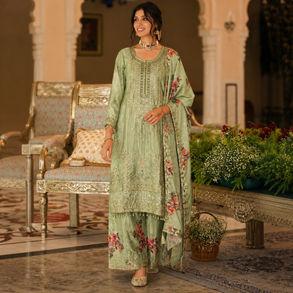 Luxury Heavy Chinon 3 Piece Zari & Sequins Embroidered Suit Set